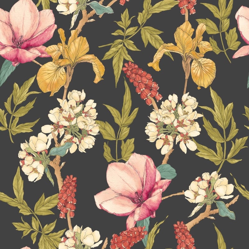 Orchid Bloom Wallpaper - Ebony/Raspberry - Hoopla Walls - HWA1182WWallpaper199