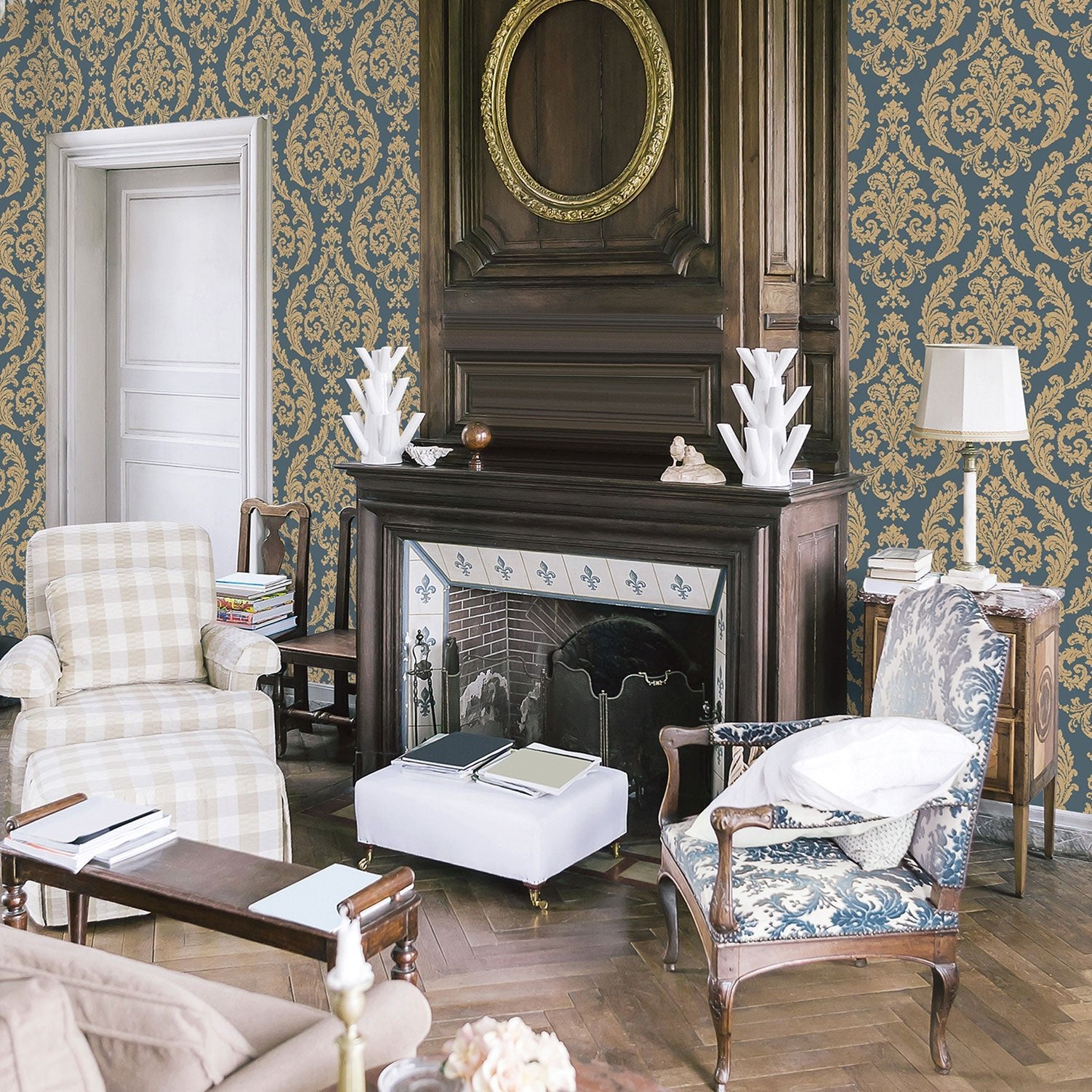 Palazzo Damask Wallpaper - Gold / Blue - Galerie - G67610Wallpaper199