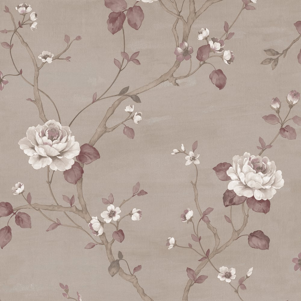 Palazzo Large Floral Wallpaper - Taupe / Beige / Claret - Galerie - G67605Wallpaper199
