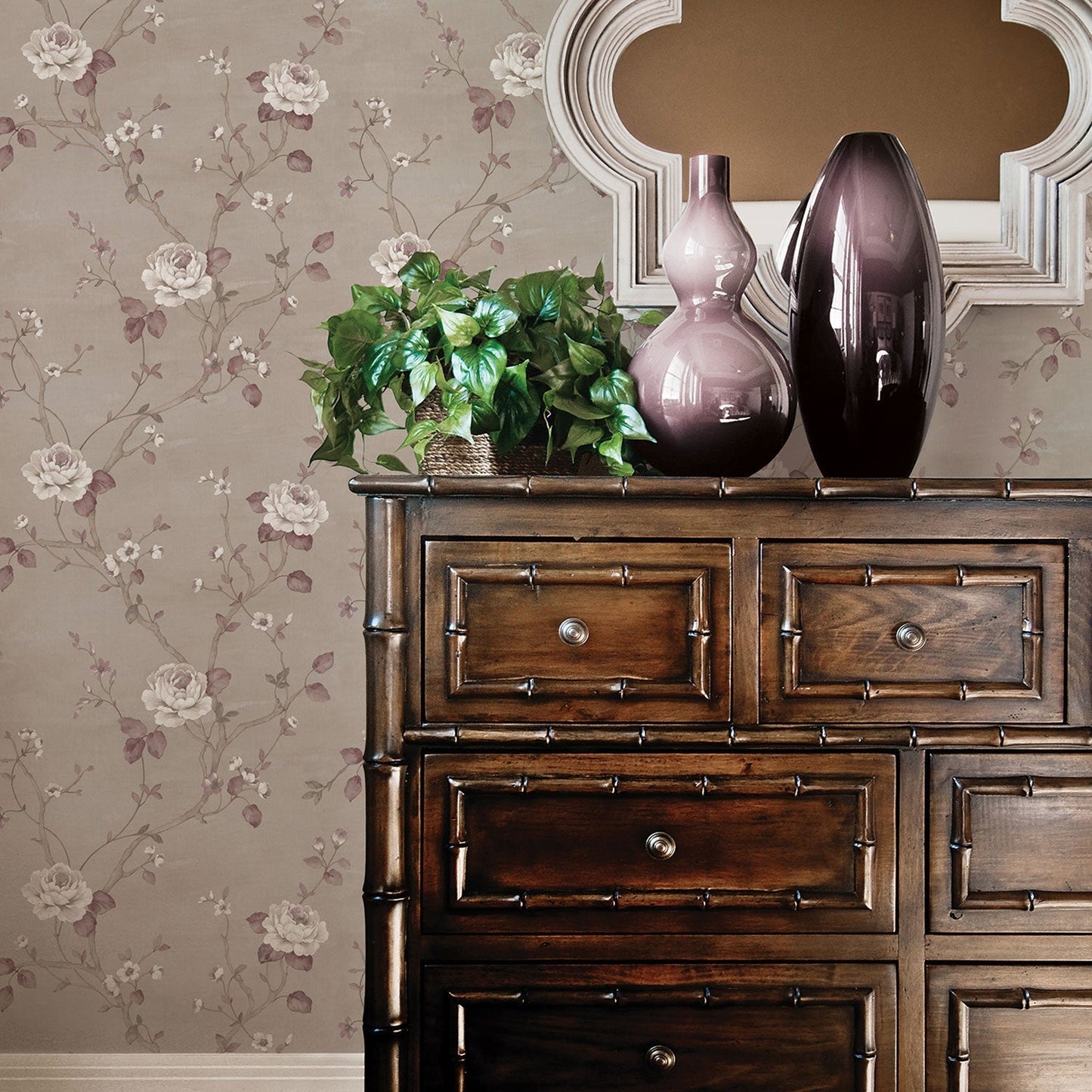 Palazzo Large Floral Wallpaper - Taupe / Beige / Claret - Galerie - G67605Wallpaper199