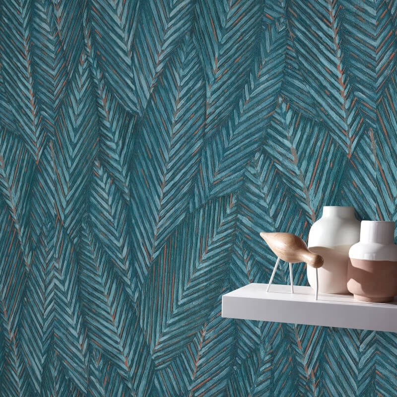 Palm Leaves Foliage Wallpaper - Teal - Erismann - 10391 - 19Wallpaper199