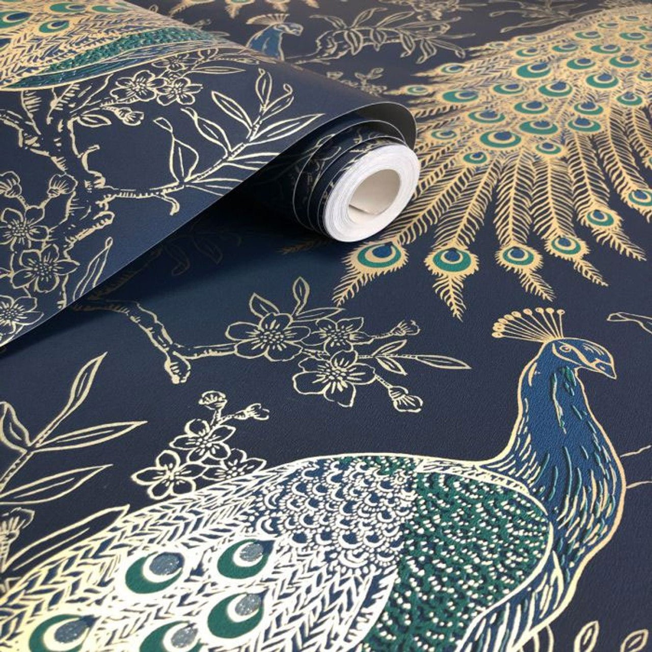 Peacock Portfolio Wallpaper - Navy & Gold - Rasch - 215700Wallpaper199