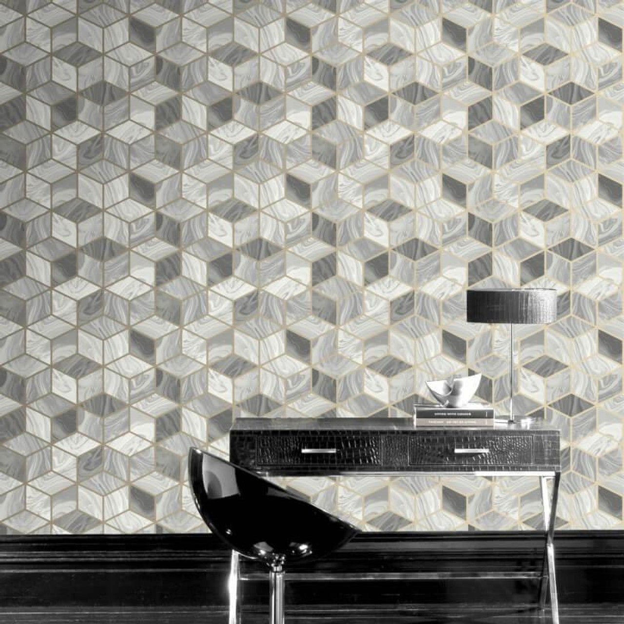 Portfolio Marble Cube Wallpaper - Grey/Gold - Rasch - 248975Wallpaper199