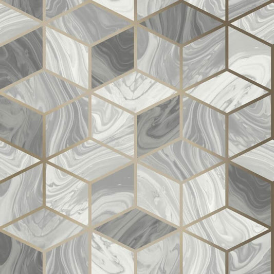 Portfolio Marble Cube Wallpaper - Grey/Gold - Rasch - 248975Wallpaper199