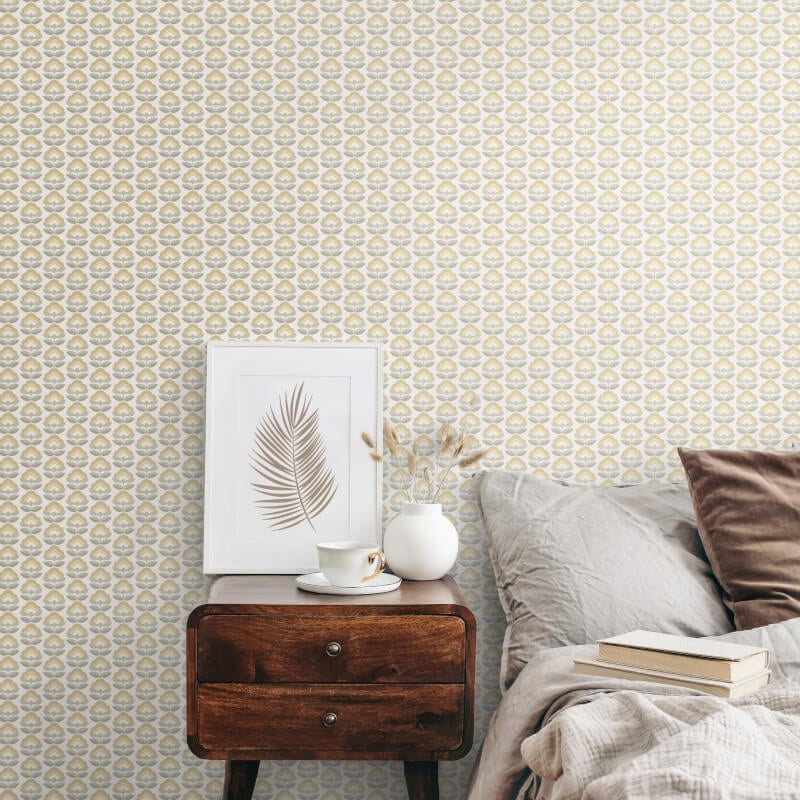 Retro Flower Wallpaper - Stone/Dove - Hoopla Walls - HWA1172WWallpaper199