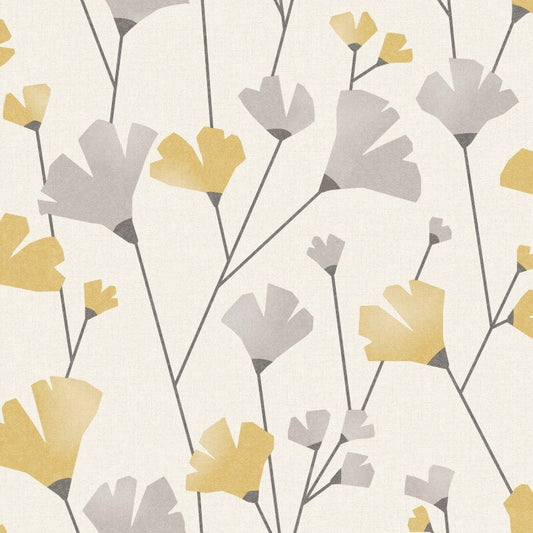 Scandi Modern Floral Metallic Wallpaper - Mustard/Grey - Crown - M1529Wallpaper199