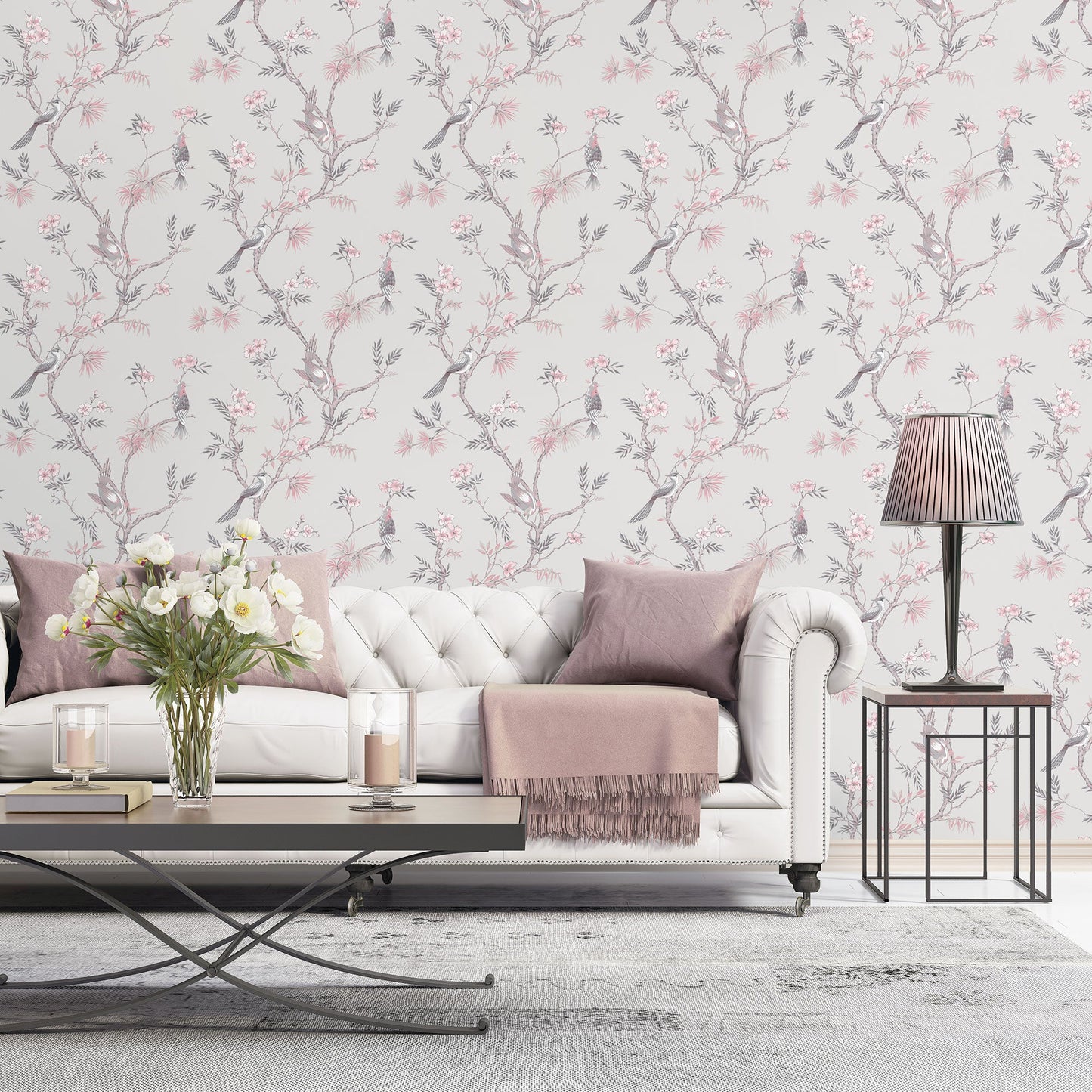 Secret Garden Classic Bird Trail Wallpaper - Grey / Pink / Grey - Galerie - G78491Wallpaper199