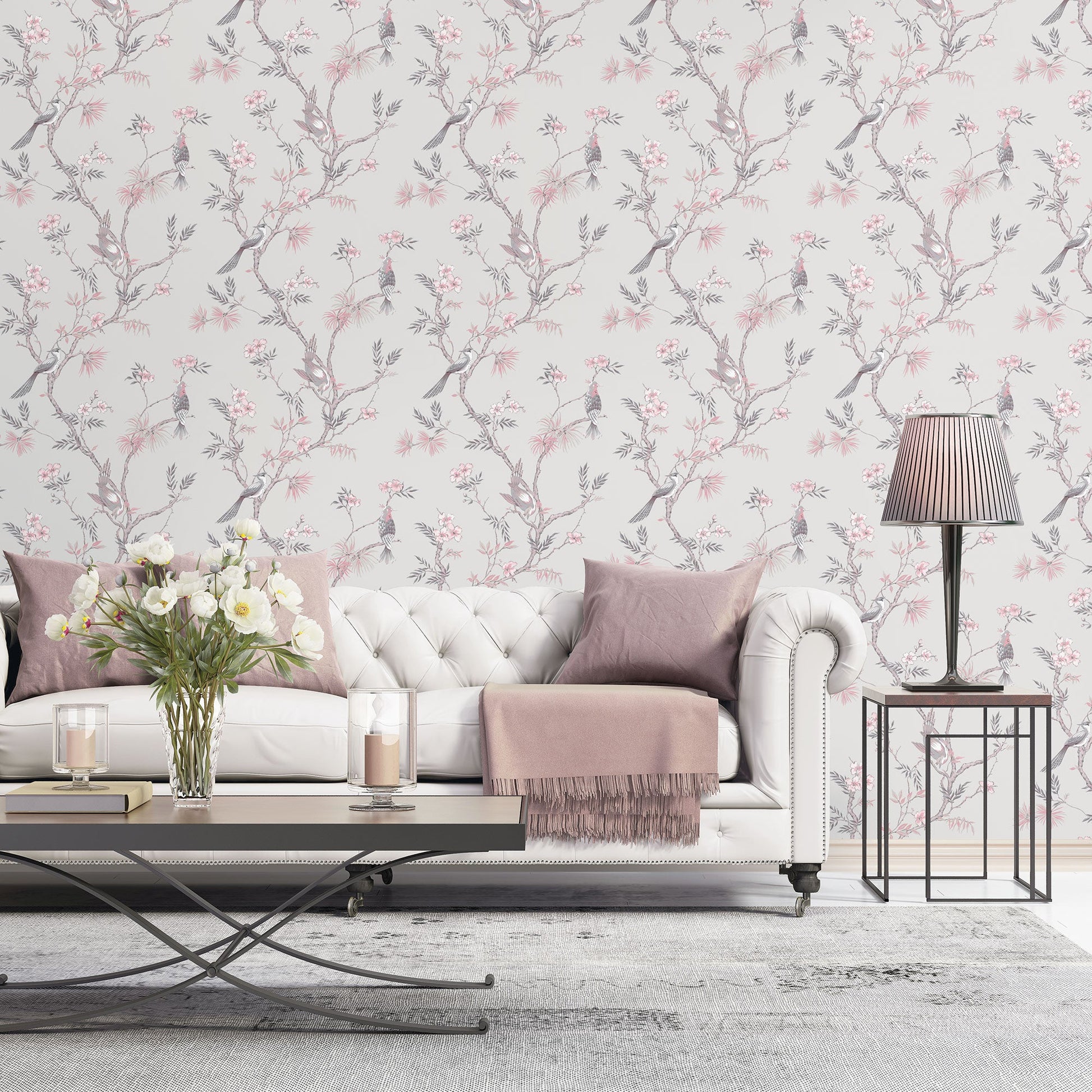Secret Garden Classic Bird Trail Wallpaper - Grey / Pink / Grey - Galerie - G78491Wallpaper199