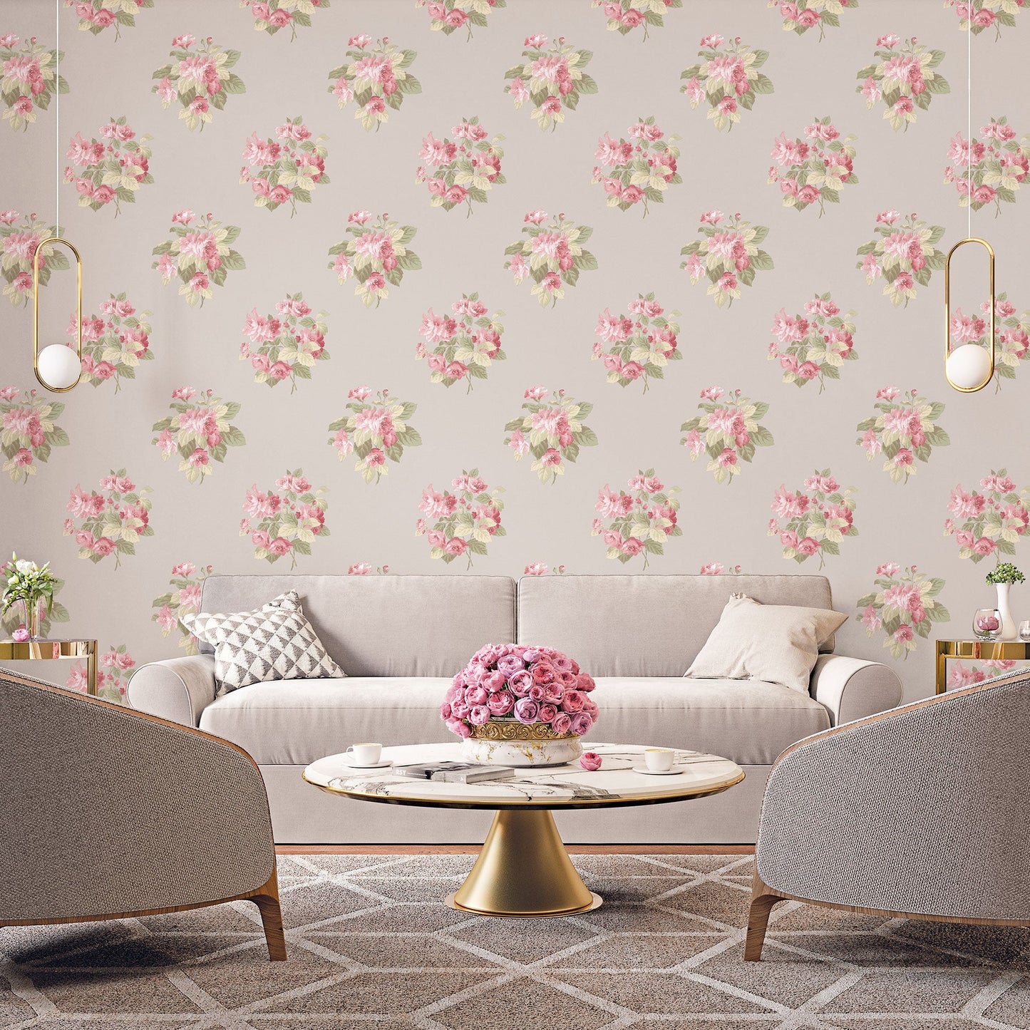 Secret Garden Classic Bouquet Wallpaper - Taupe / Raspberry / Green - Galerie - G78501Wallpaper199