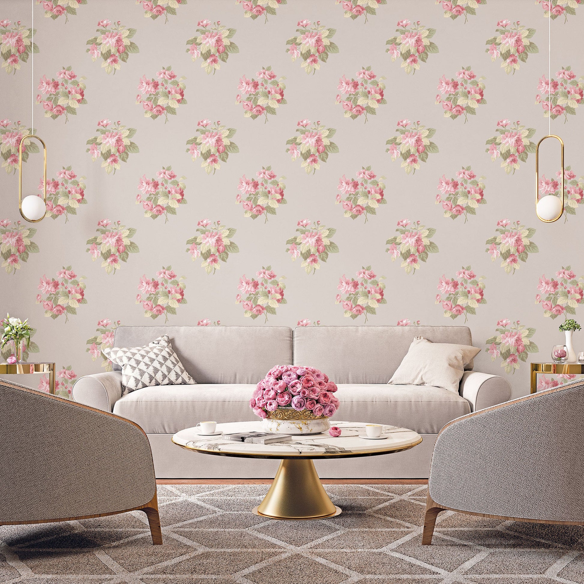Secret Garden Classic Bouquet Wallpaper - Taupe / Raspberry / Green - Galerie - G78501Wallpaper199