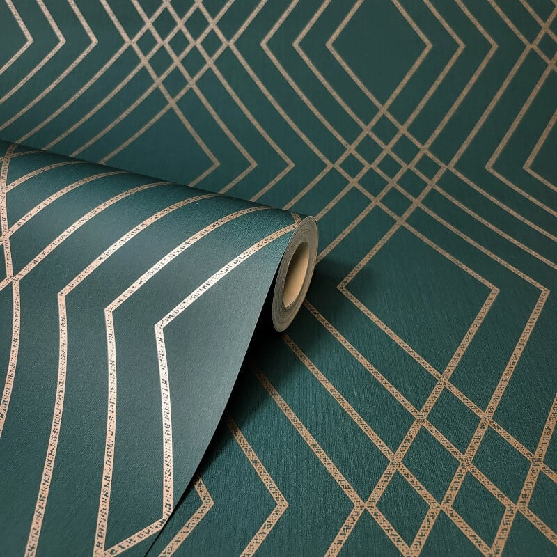 Shard Trellis Metallic Wallpaper - Emerald/Gold - Fine Décor - FD43613Wallpaper199
