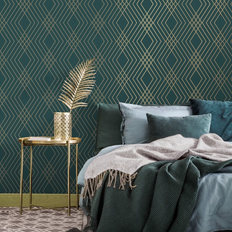Shard Trellis Metallic Wallpaper - Emerald/Gold - Fine Décor - FD43613Wallpaper199