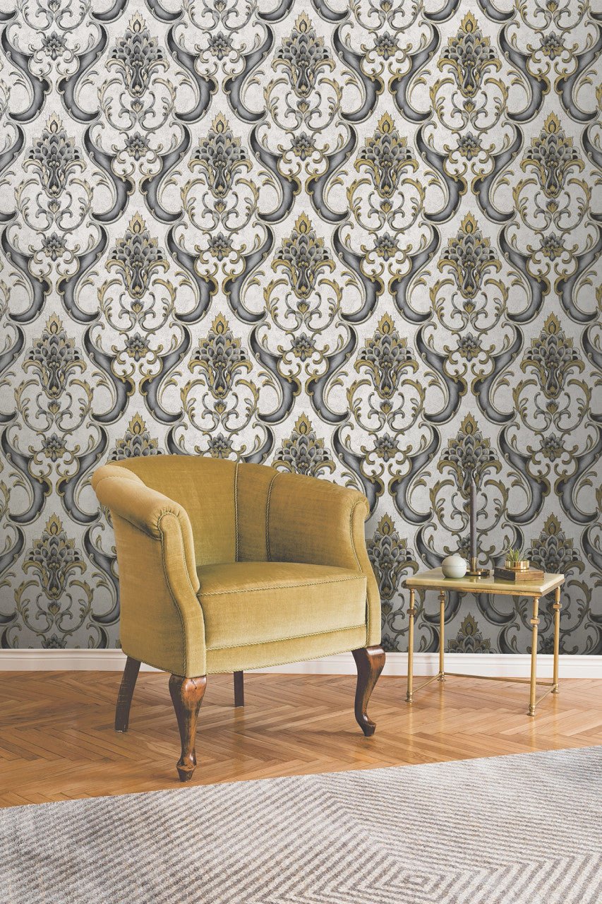 Sonata Damask Wallpaper - Black Gold - Rasch - 539783Wallpaper199