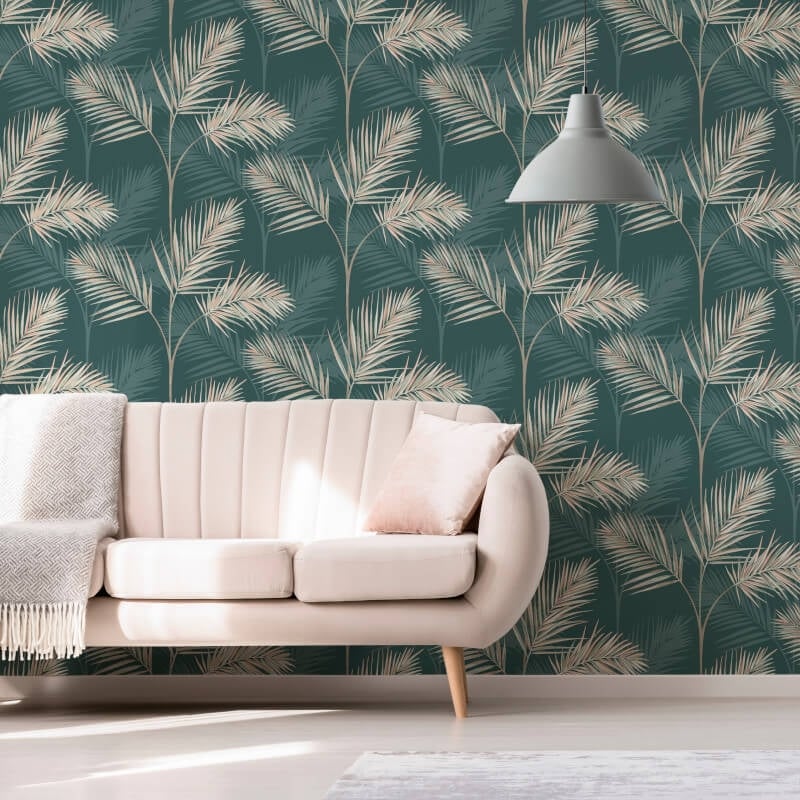 South Beach Palm Leaf Metallic Wallpaper - Emerald/Multi - Fine Décor - FD42679Wallpaper199