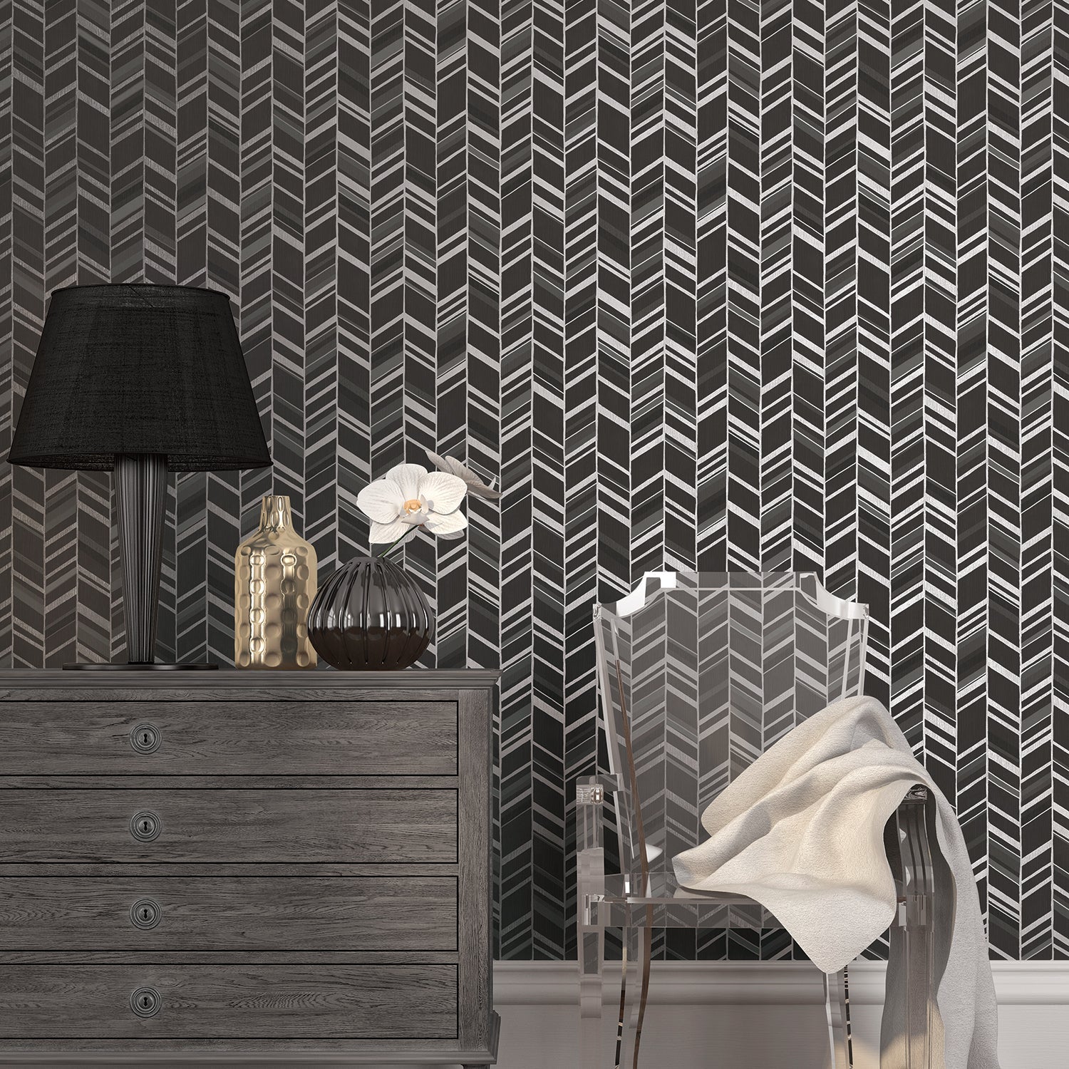 Special FX Chevron Wallpaper - Silver / Black - Galerie - G67716Wallpaper199