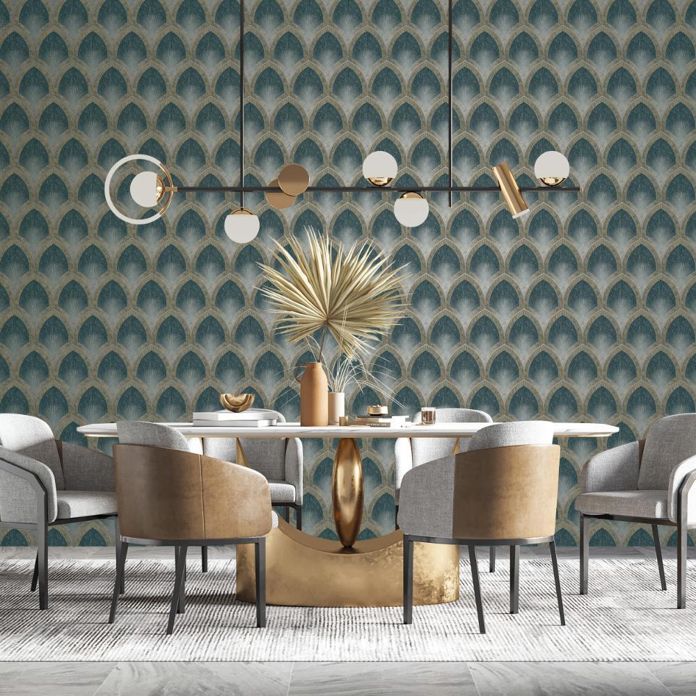 Special FX Nouveau Scallop Wallpaper - Silver / Turquoise / Gold - Galerie - G68085Wallpaper199