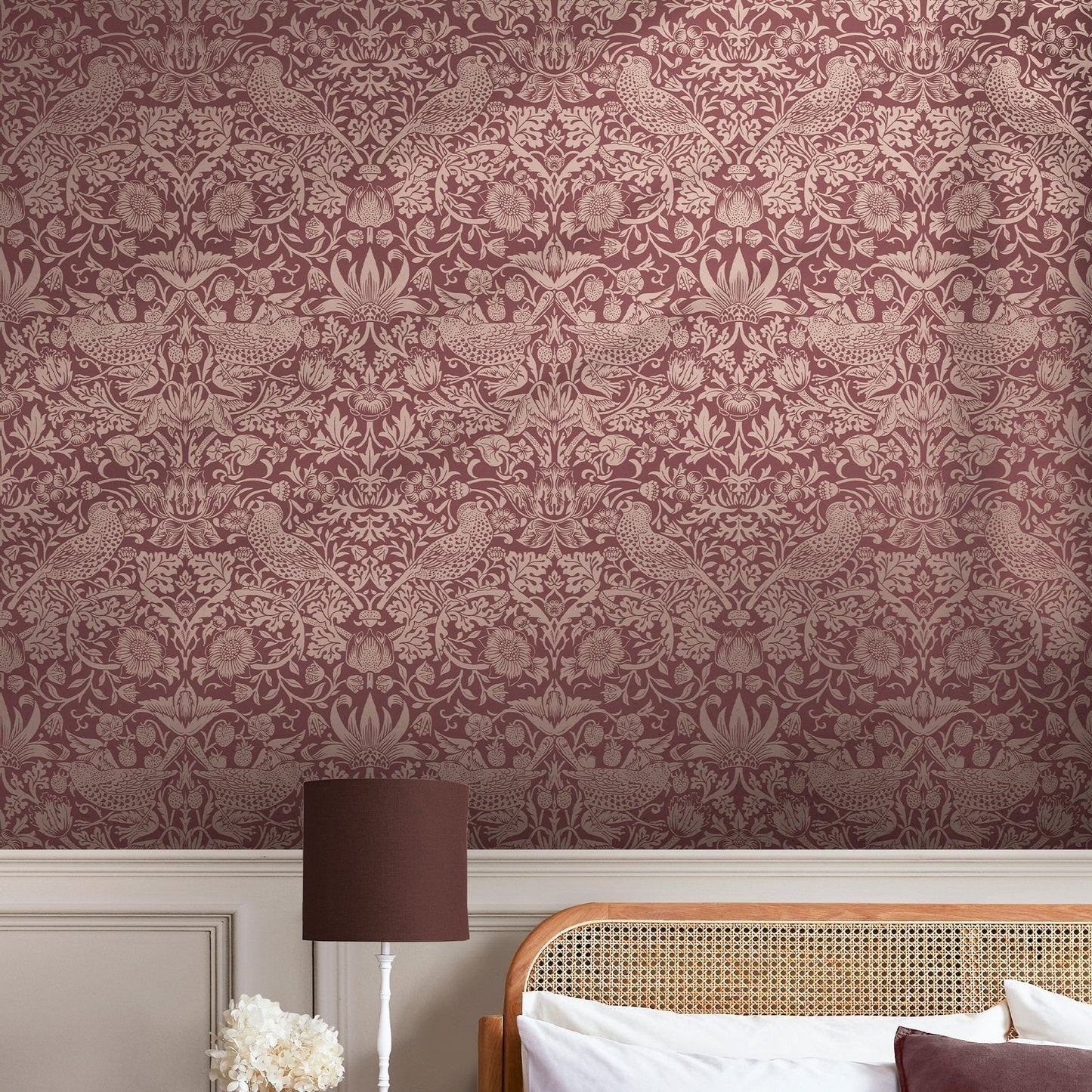 Strawberry Thief Fibrous Wallpaper - Burgundy - 124235 - William Morris AHWallpaper199