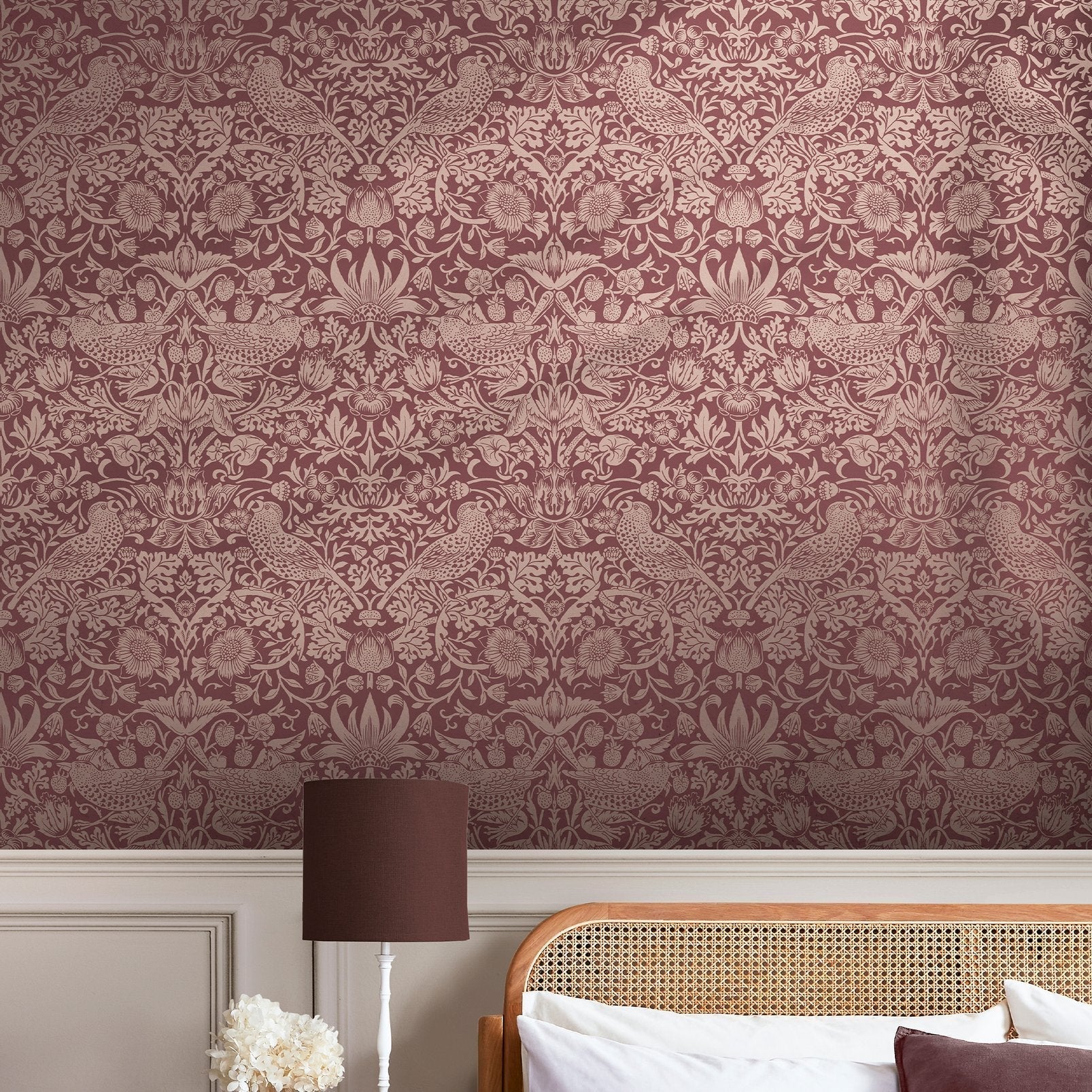 Strawberry Thief Fibrous Wallpaper - Burgundy - 124235 - William Morris AHWallpaper199