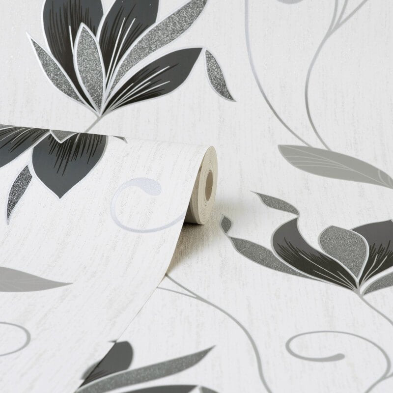 Synergy Floral Glitter Wallpaper - Black/Silver - Crown - M1719Wallpaper199
