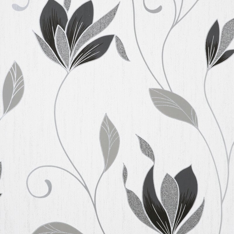 Synergy Floral Glitter Wallpaper - Black/Silver - Crown - M1719Wallpaper199