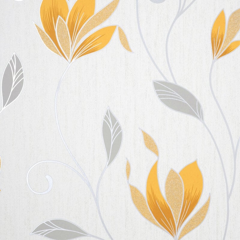 Synergy Floral Glitter Wallpaper - Mustard/Silver - Crown - M1717Wallpaper199