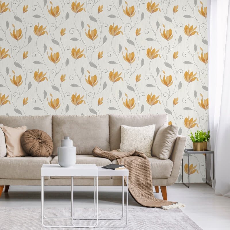 Synergy Floral Glitter Wallpaper - Mustard/Silver - Crown - M1717Wallpaper199