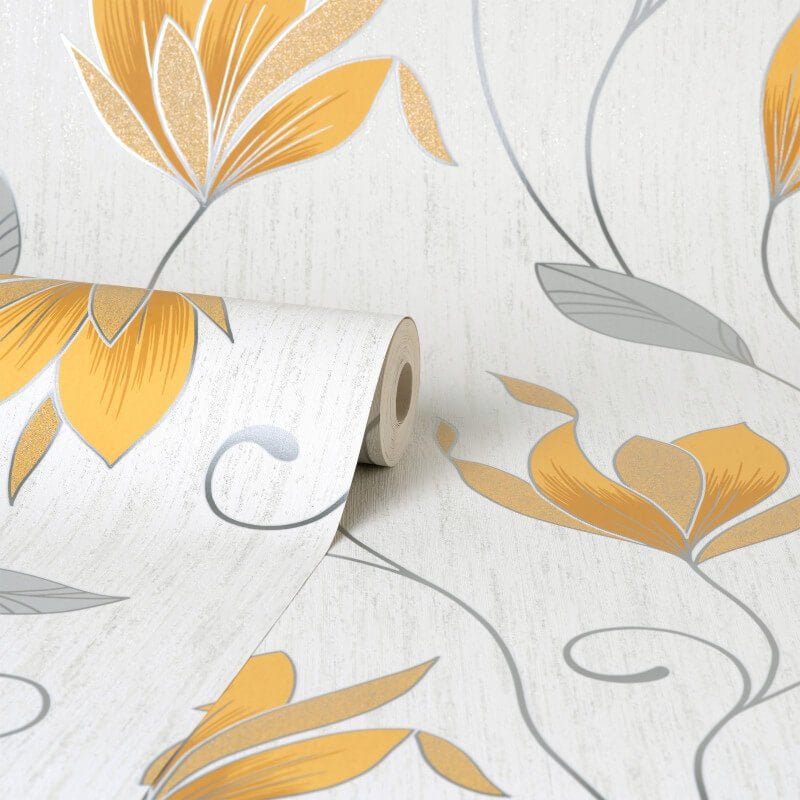 Synergy Floral Glitter Wallpaper - Mustard/Silver - Crown - M1717Wallpaper199
