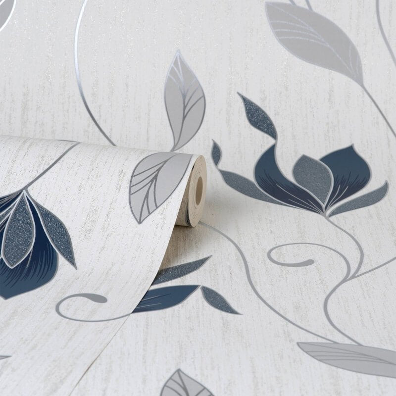 Synergy Floral Glitter Wallpaper - Navy/Silver - Crown - M1716Wallpaper199
