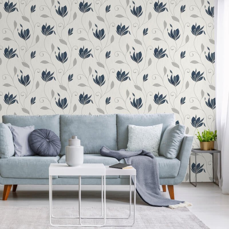 Synergy Floral Glitter Wallpaper - Navy/Silver - Crown - M1716Wallpaper199