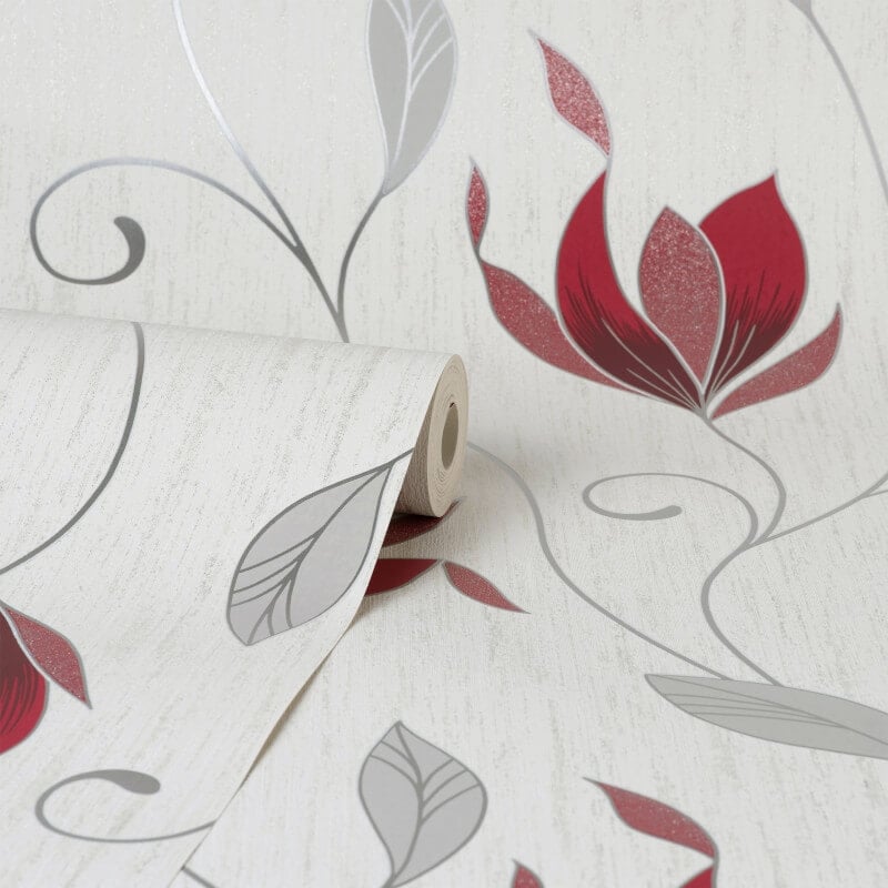 Synergy Floral Glitter Wallpaper - Red/Silver - Crown - M1718Wallpaper199