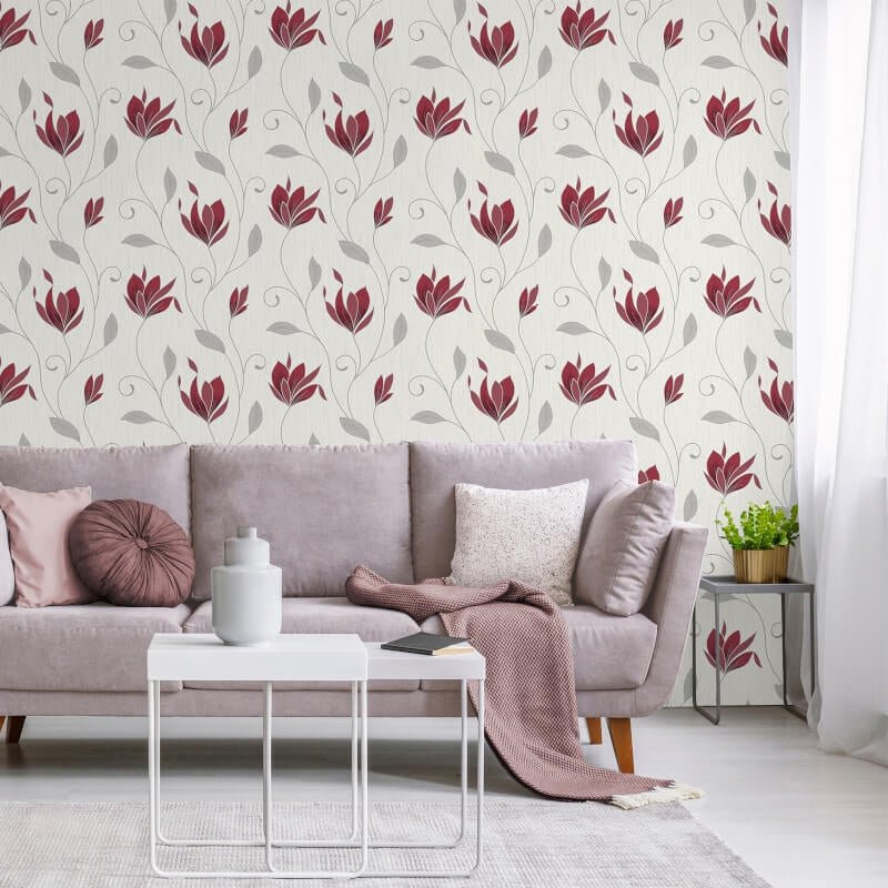 Synergy Floral Glitter Wallpaper - Red/Silver - Crown - M1718Wallpaper199