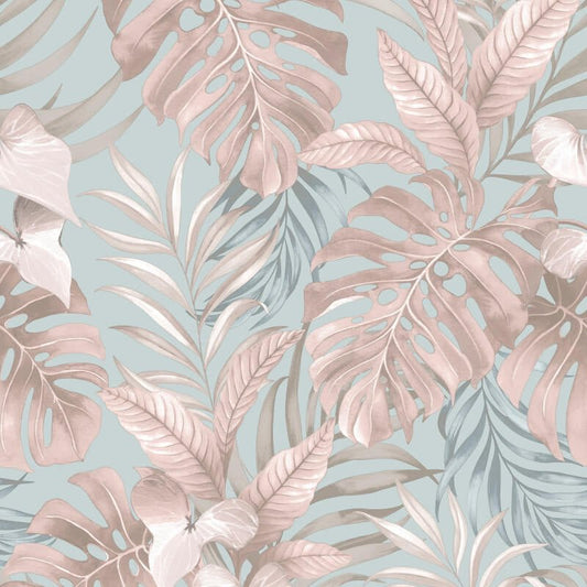 Teeva Jungle Leaf Wallpaper - Duck Egg/Blush - Muriva - 183502Wallpaper199