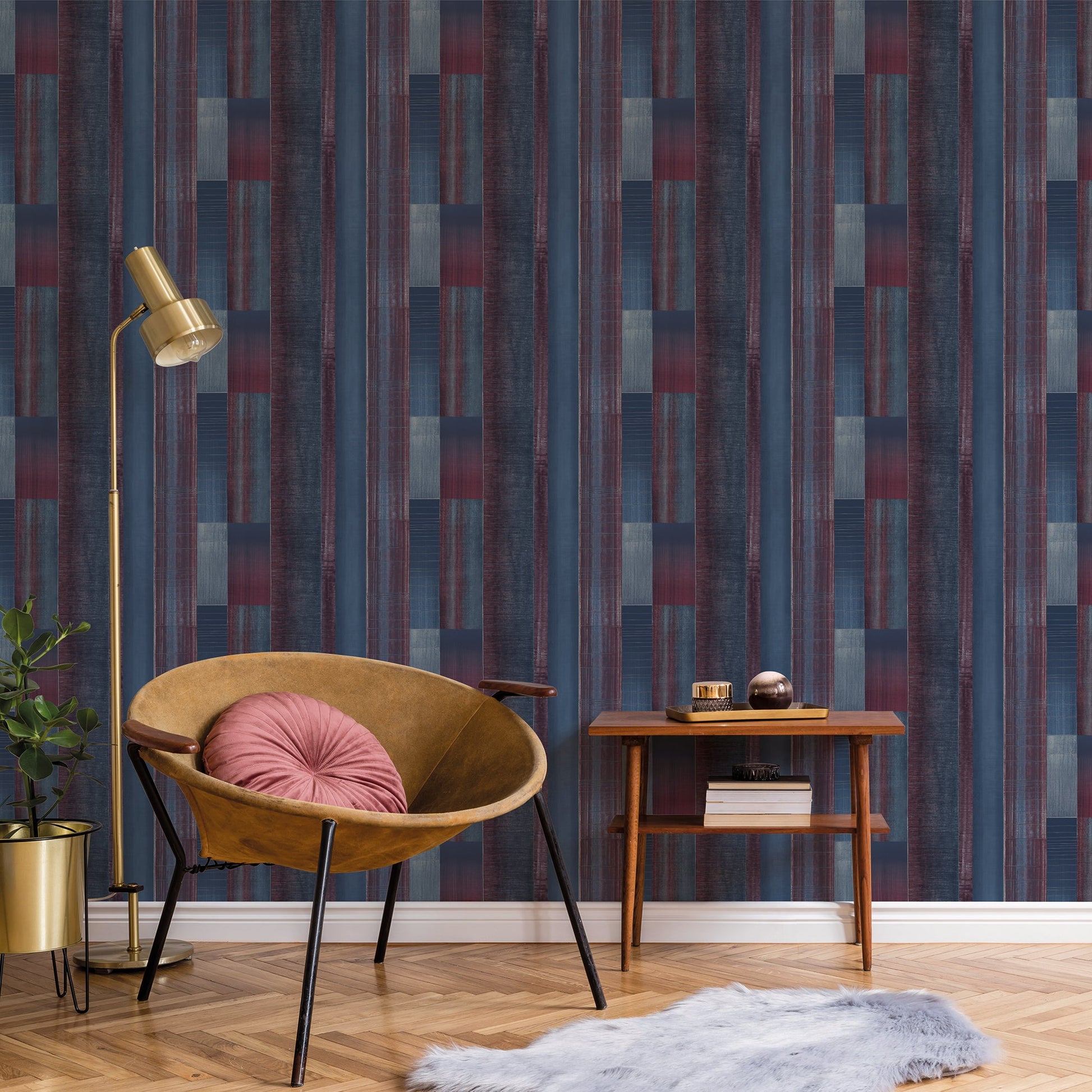 Texstyle Agen Stripe Wallpaper - Navy / Cranberry / Metallic Ink - Galerie - G56573Wallpaper199