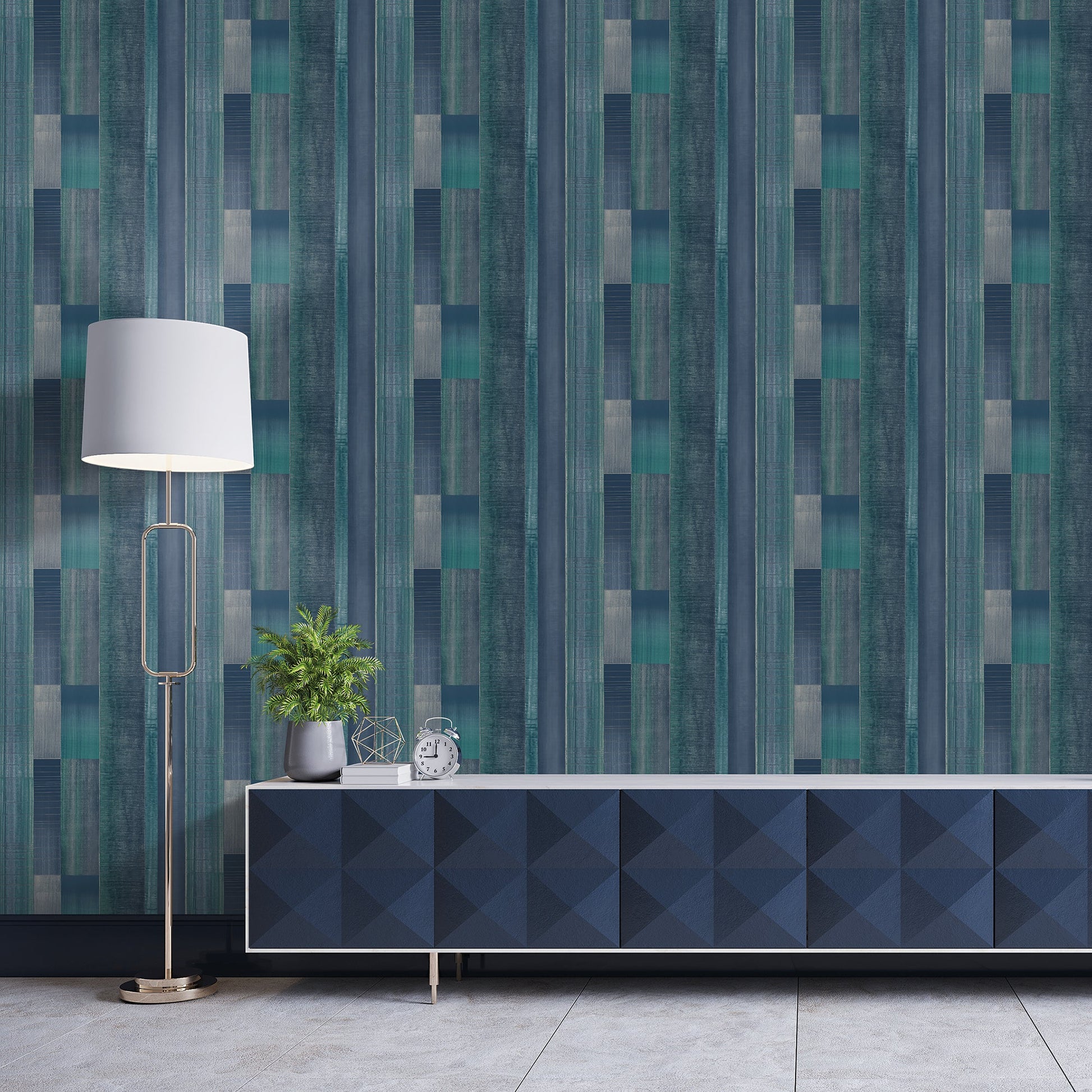 Texstyle Agen Stripe Wallpaper - Turquoise / Navy / Metallic Ink - Galerie - G56575Wallpaper199