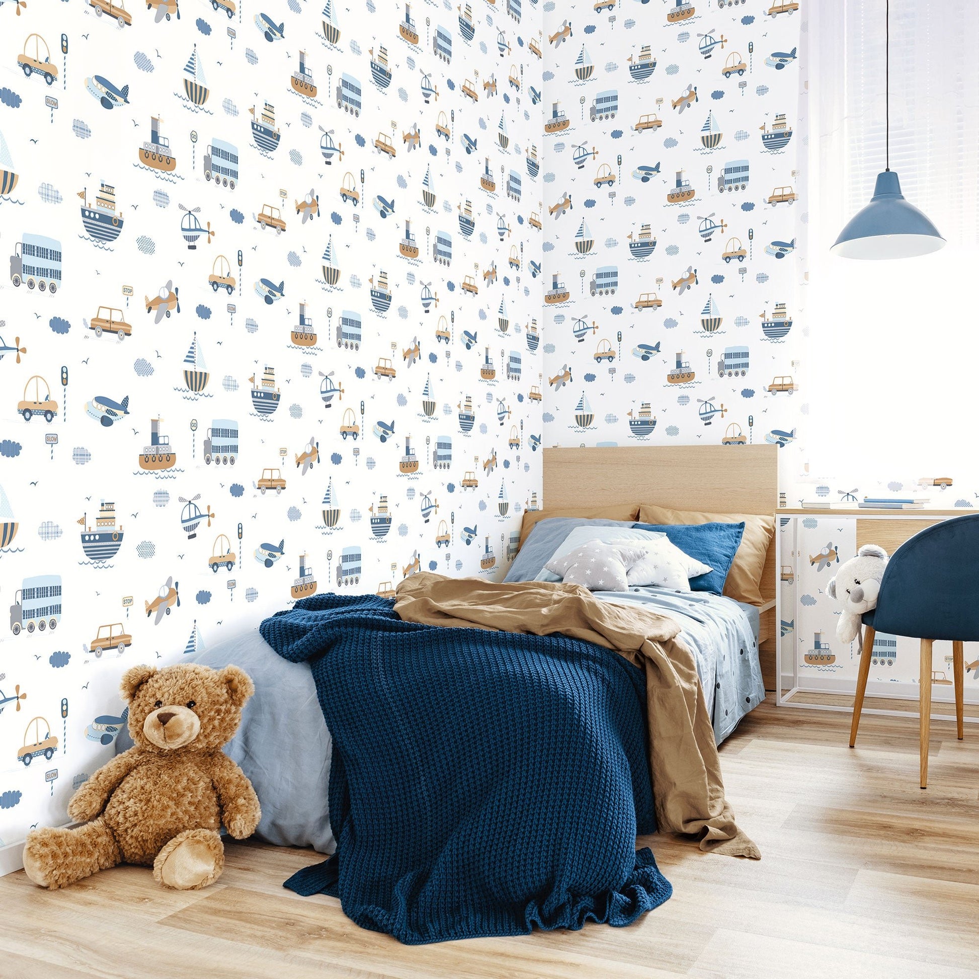 Tiny Tots 2 Transportation Wallpaper - Brown / Sky Blue / Navy - Galerie - G78416Wallpaper199