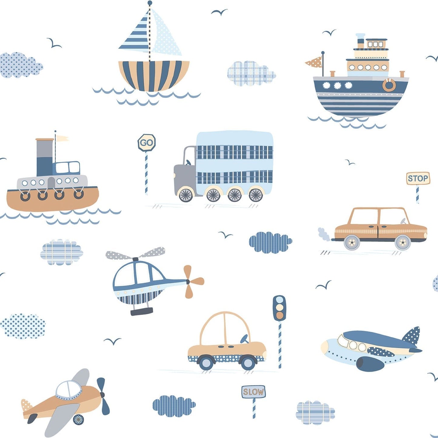 Tiny Tots 2 Transportation Wallpaper - Brown / Sky Blue / Navy - Galerie - G78416Wallpaper199
