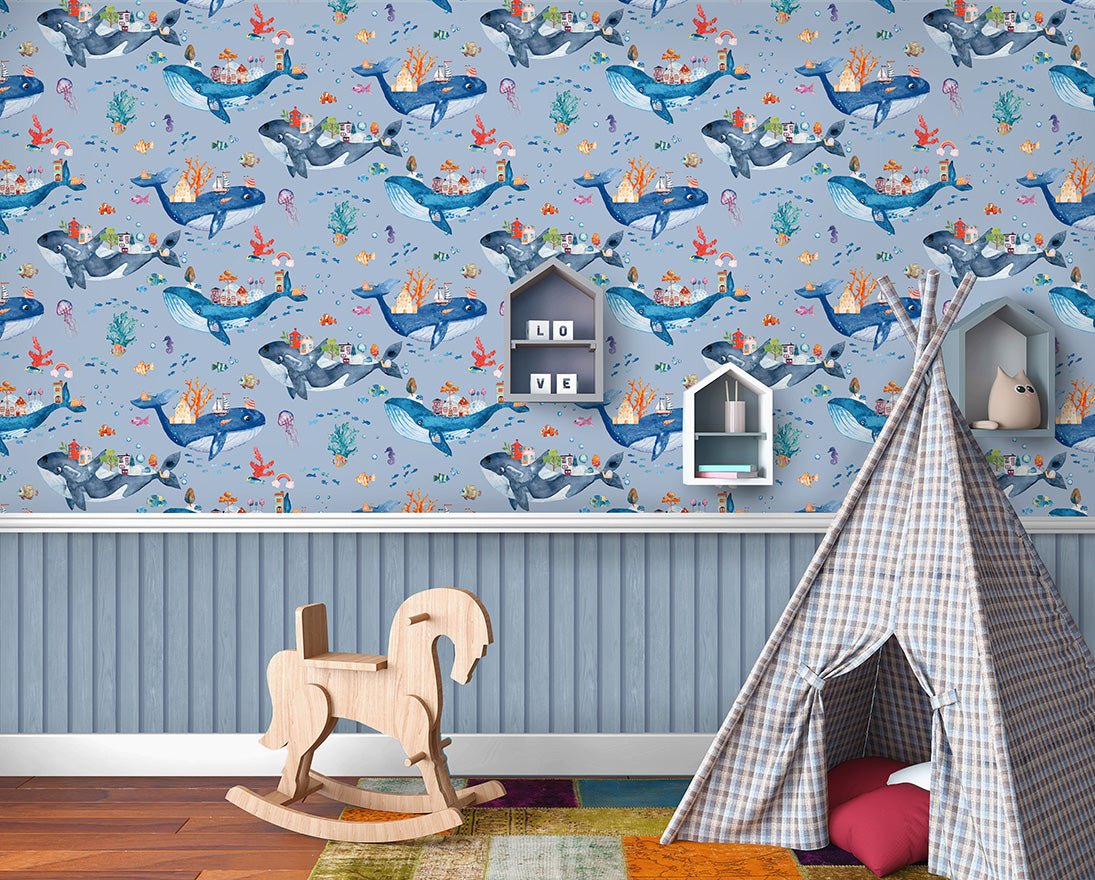Whale Town Wallpaper - Blue - Holden Décor - 13220Wallpaper199