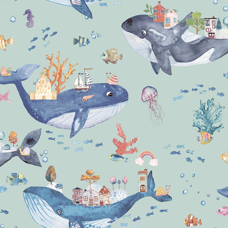 Whale Town Wallpaper - Soft Teal - Holden Décor - 13221Wallpaper199