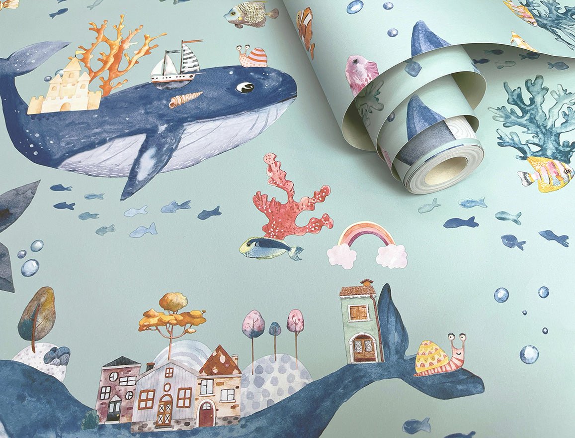 Whale Town Wallpaper - Soft Teal - Holden Décor - 13221Wallpaper199