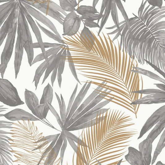 Wild Palm Leaves Metallic Wallpaper - Grey/Gold - Grandeco - JF3601Wallpaper199