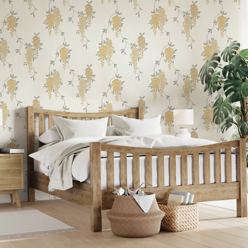 Wisteria Floral Metallic Wallpaper - Ochre - Fine Décor - FD43672Wallpaper199