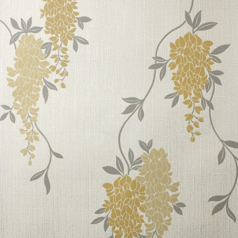 Wisteria Floral Metallic Wallpaper - Ochre - Fine Décor - FD43672Wallpaper199