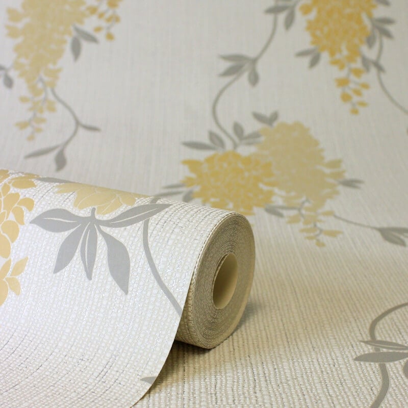 Wisteria Floral Metallic Wallpaper - Ochre - Fine Décor - FD43672Wallpaper199