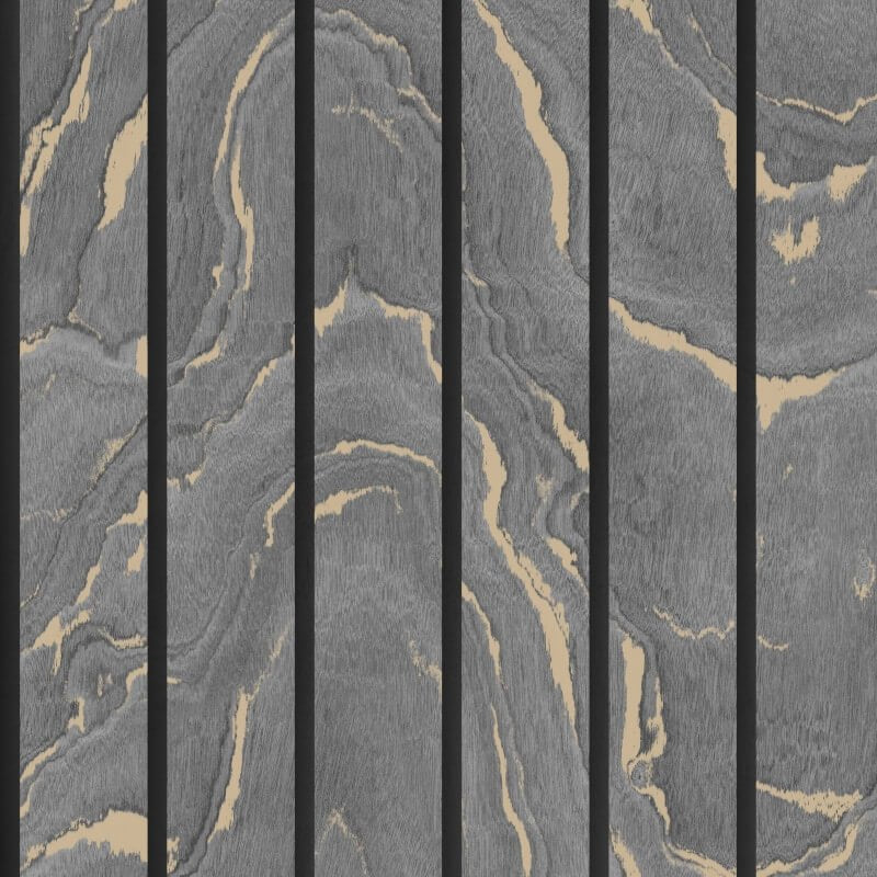 Woodgrain Panel Metallic Wallpaper - Charcoal/Gold - Muriva - 193503Wallpaper199