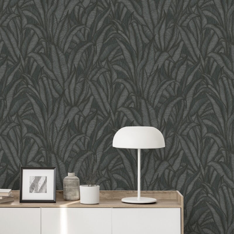 Zanzibar Leaf Metallic Wallpaper - Black - Erismann - 10371 - 15Wallpaper199